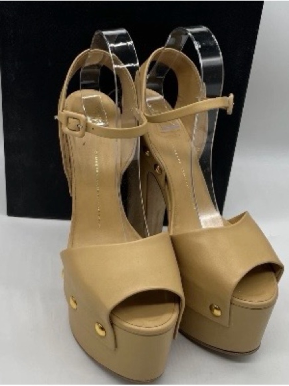 Giuseppe Zanotti Tan Platform Peep-Toe Sandals with Gold Studs
